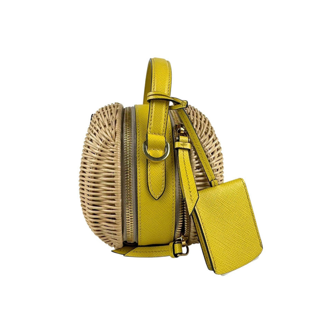 Prada Basket Yellow Bag 2way Rattan Leather Shoulder Yellow